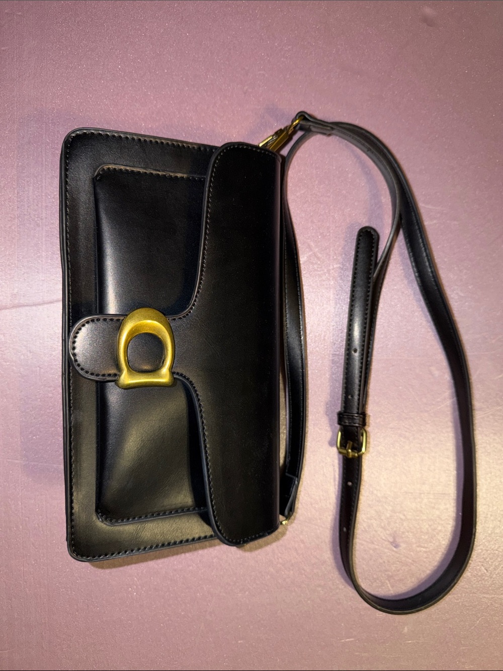 Like New Minimalist Black Crossbody Bag with Antique Gold D-Buckle Clasp